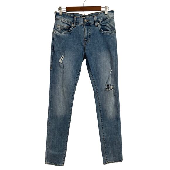 True Religion Men's 30 Rocco Relaxed Skinny Ripped Distressed Jeans Light Wash